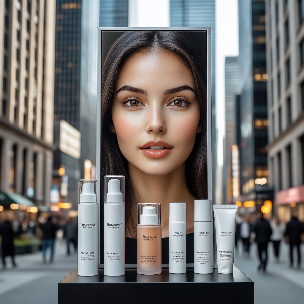 An advertising stand of a cosmetics brand on the background of city streets.